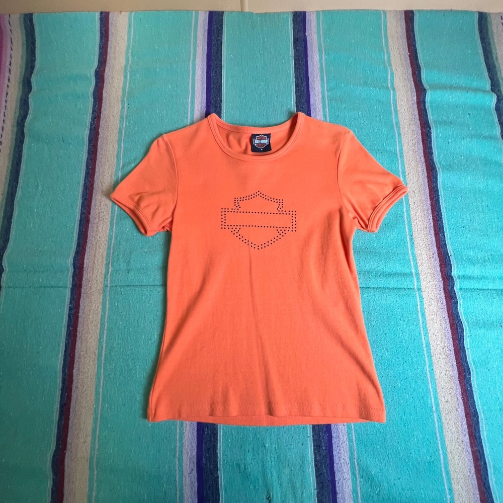 Harley-Davidson T-Shirt Women Large Orange Studded Logo Pensacola FL USA Made